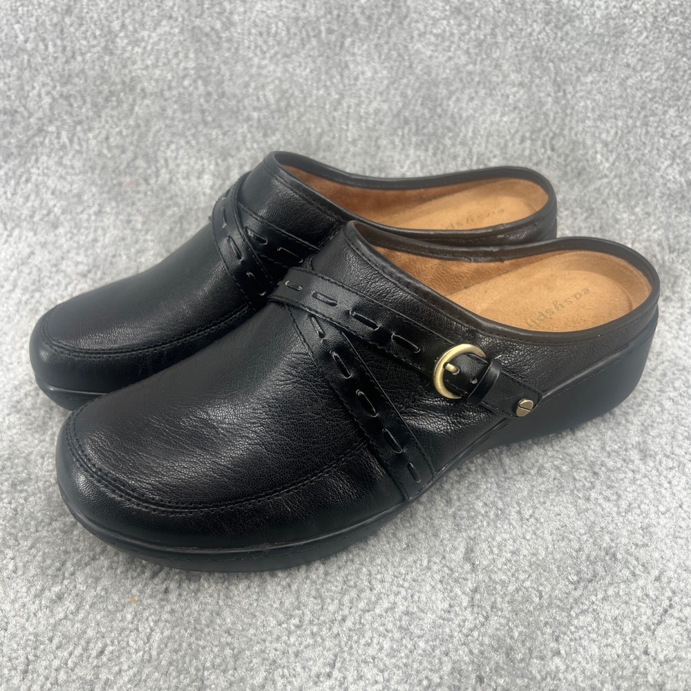 Easy Spirit Black Leather Clogs Mules Womens‎ 9.5M Buckle Strap Comfort